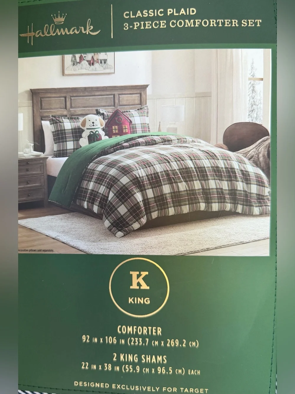 Hallmark King Plaid Comforter Set Reversible 3 Piece Christmas Holiday NWT